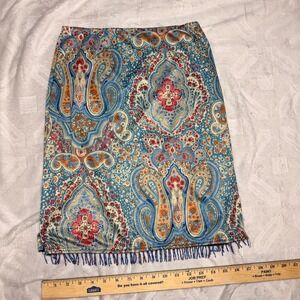 LA MOVERS Vintage Y2K Blue Paisley Beaded Fringe Midi Skirt Womens Small Boho